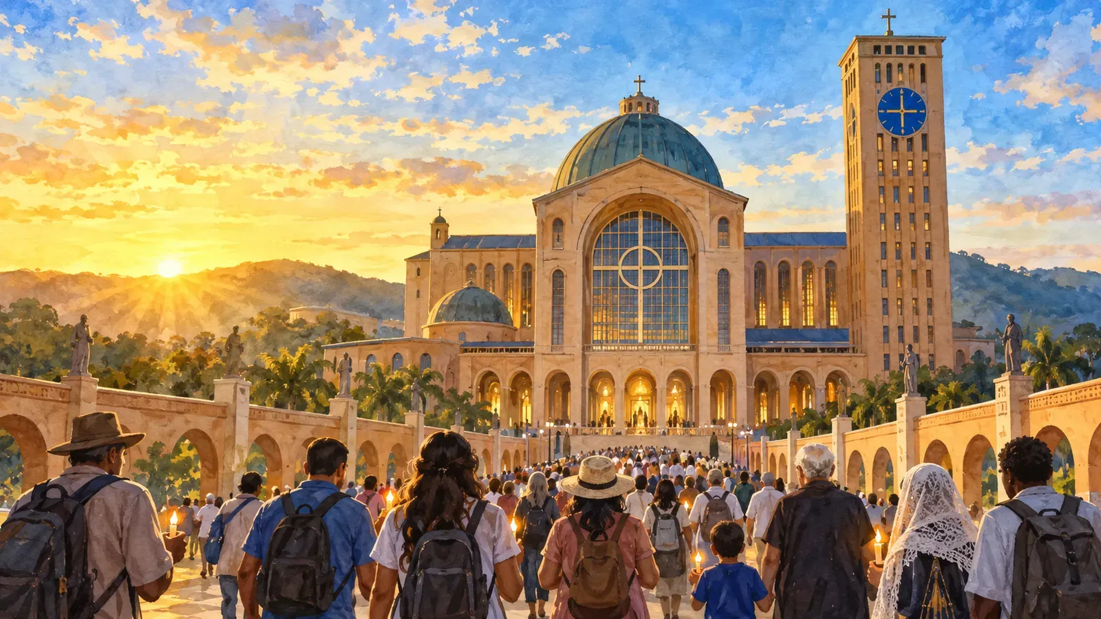 Ilustração do Santuário Nacional ao nascer do sol, com peregrinos caminhando para a basílica.