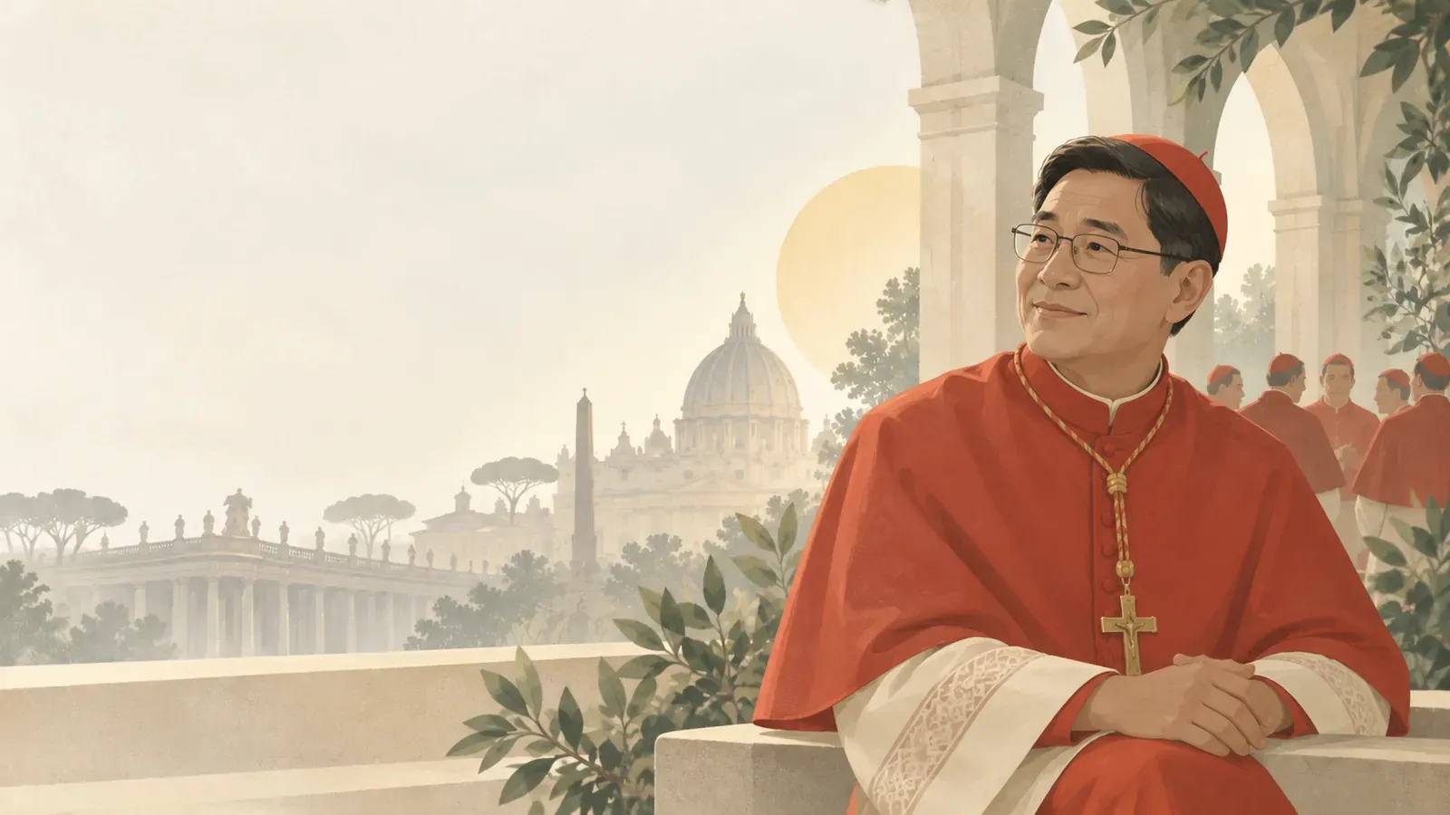 Ilustração do cardeal Luis Antonio Tagle com vestes vermelhas, com o Vaticano ao fundo