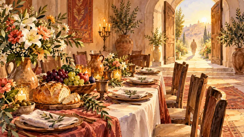 Ilustração de uma mesa de banquete com cadeiras e uma porta aberta iluminada.