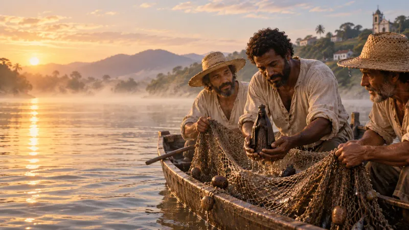 Ilustração de três pescadores num barco no Rio Paraíba, ao amanhecer, segurando a pequena imagem de Nossa Senhora retirada da rede