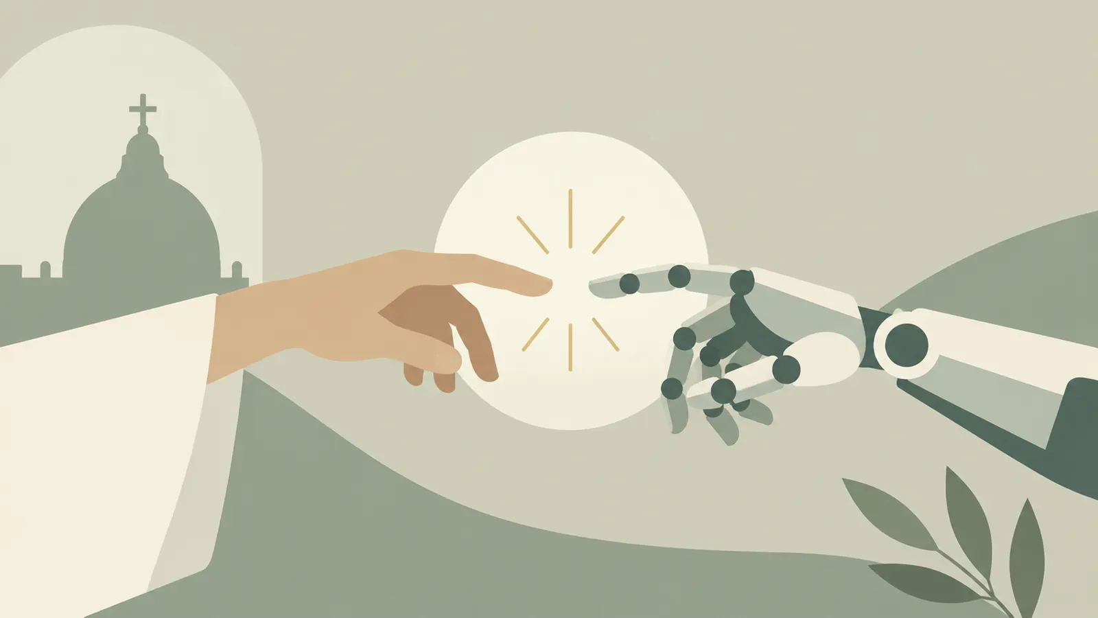 Ilustração de uma mão humana e uma mão robótica quase se tocando, com a cúpula de São Pedro