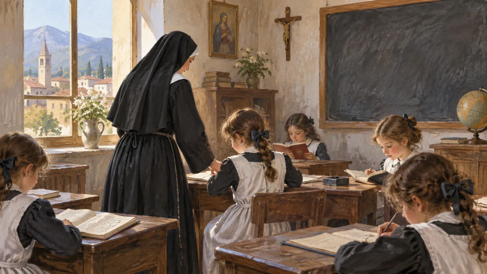 Ilustração de uma religiosa ensinando meninas numa sala de aula histórica.