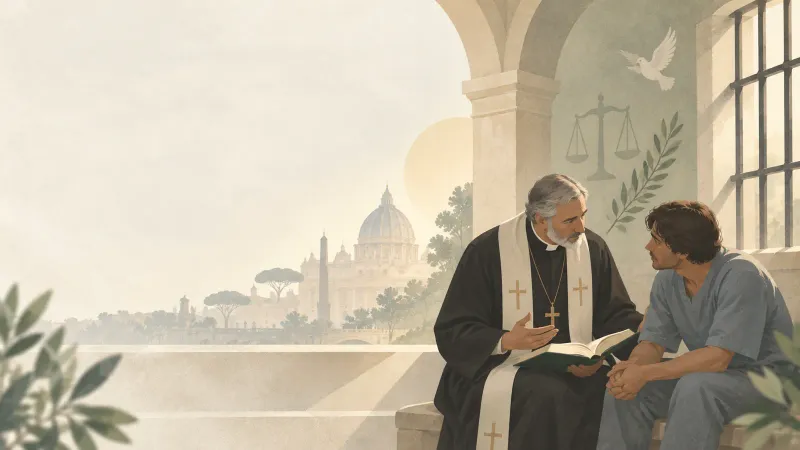 Ilustração de um sacerdote conversando com um preso, com a balança da justiça e uma pomba na parede