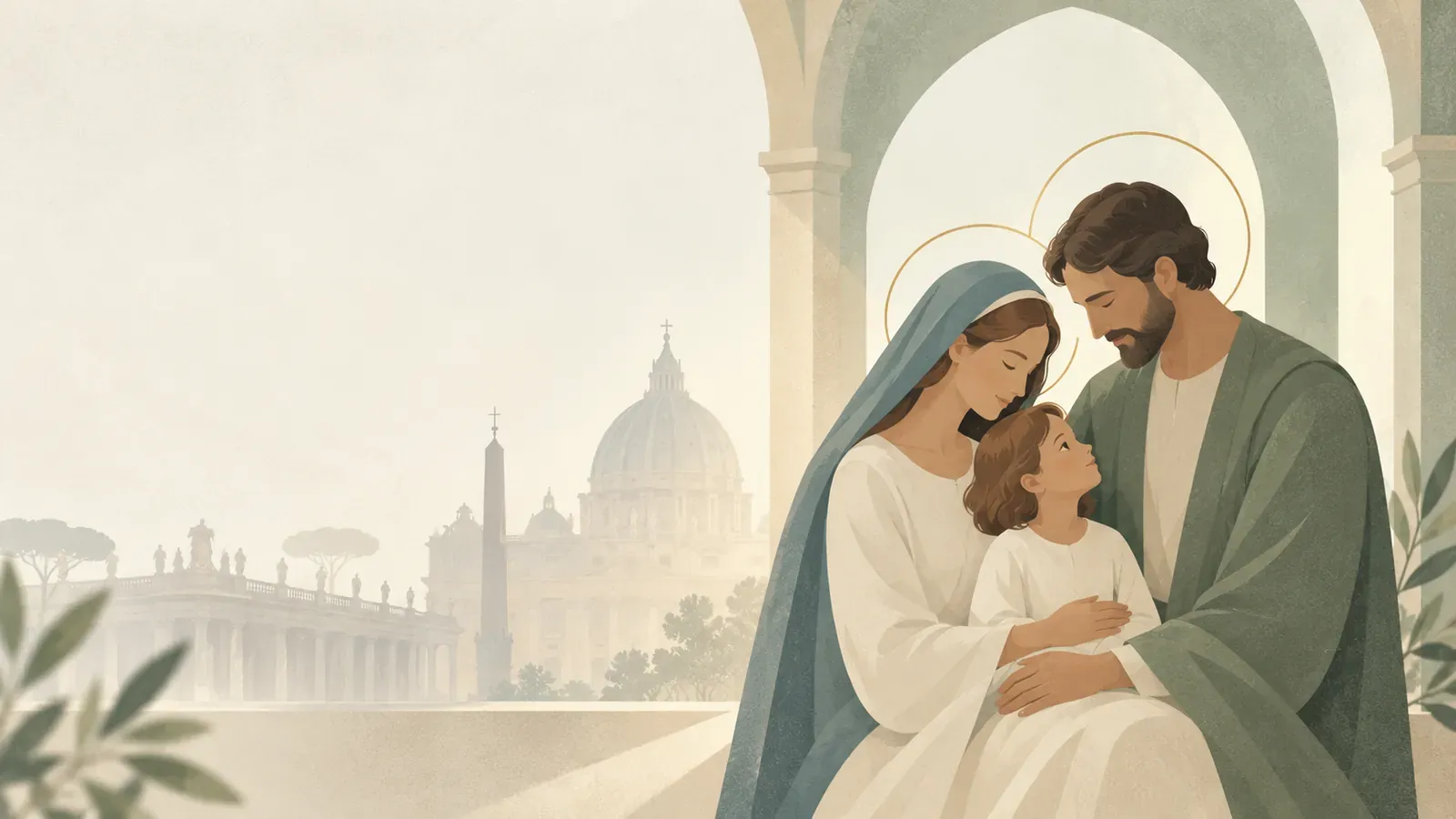 Ilustração da Sagrada Família abraçada, com a Basílica de São Pedro ao fundo