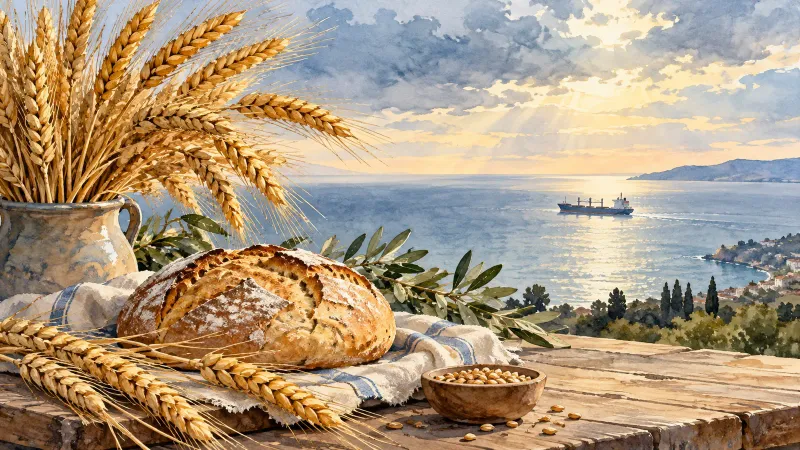 Ilustração de espigas de trigo e pão diante de um navio mercante no horizonte do Mar Negro.