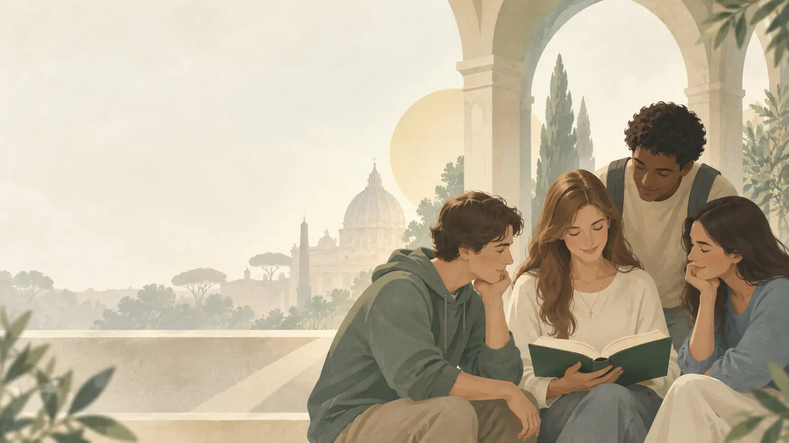 Ilustração de quatro jovens lendo juntos um livro, com o Vaticano ao fundo