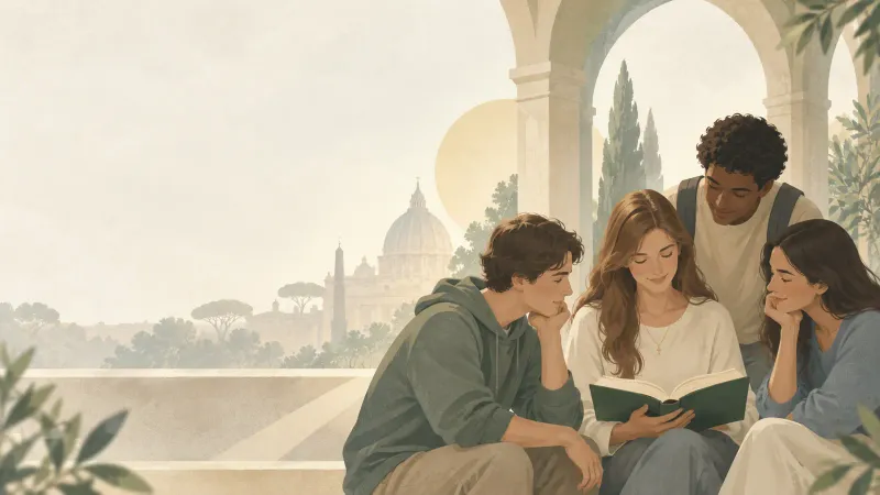 Ilustração de quatro jovens lendo juntos um livro, com o Vaticano ao fundo