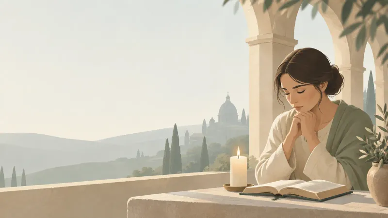 Ilustração de uma mulher rezando em silêncio numa varanda, ao lado de uma vela acesa e de uma Bíblia aberta